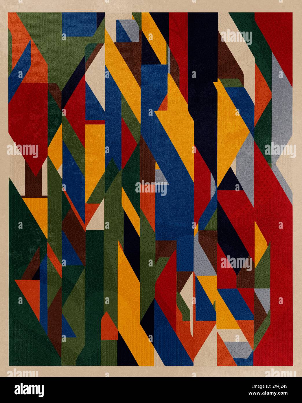 Eine farbenfrohe abstrakte Illustration von Quadraten und Rechtecken, Poster aus den 1970er Jahren, Vorstellung von Geschwindigkeit, Überschallzügen und Fahrgästen, verdrehte Blätter. Stockfoto