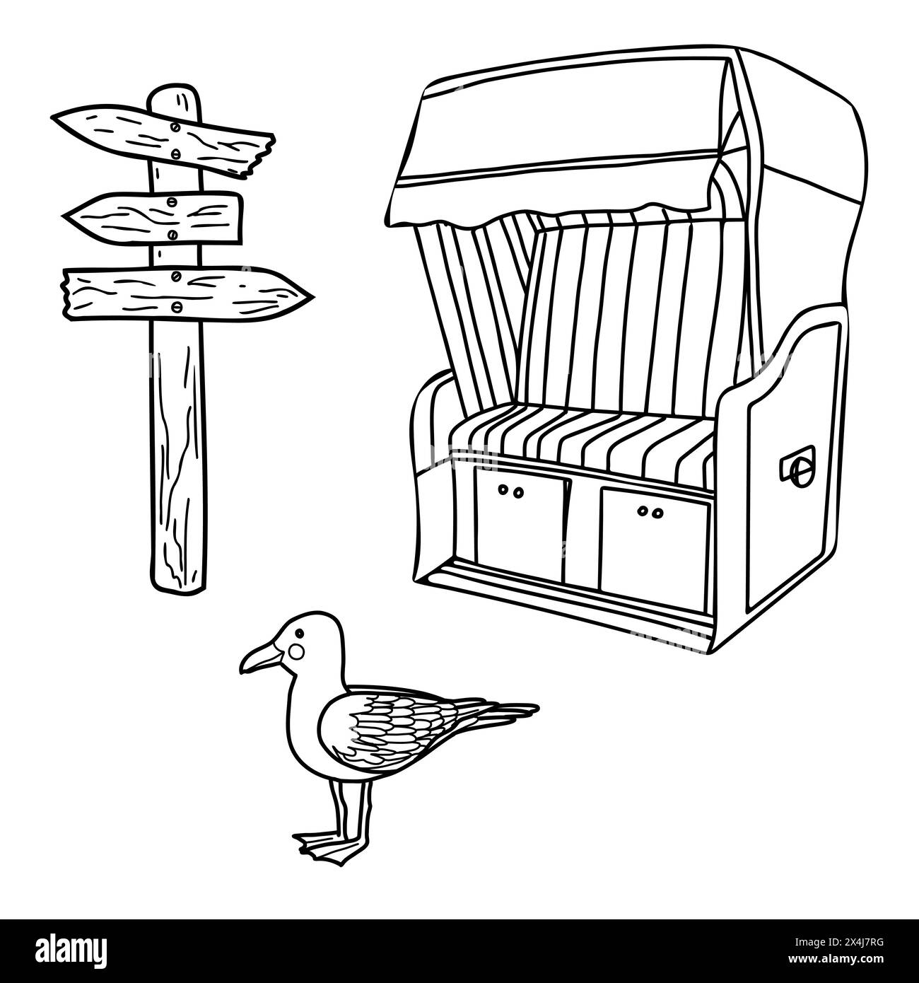 Meer gesetzt. Sonnenliege mit Kapuze aus der ostsee oder Nordsee, Deutschland, hölzerne Wegweiser und süße Möwe. Handgezeichnete Vektorgrafik. Einfache Skizze Stock Vektor