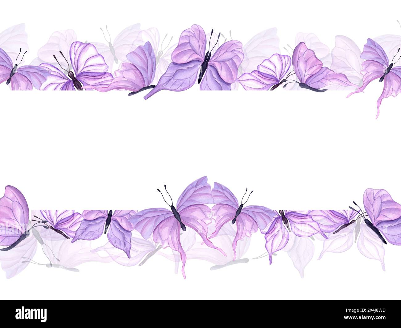 Flatternde rosa Schmetterlinge verschiedener Formen. Horizontaler Rahmen abstrakter tropischer Insekten mit Aquarellfarbe. Handgezeichnete Illustration für Hochzeitskarte Stockfoto