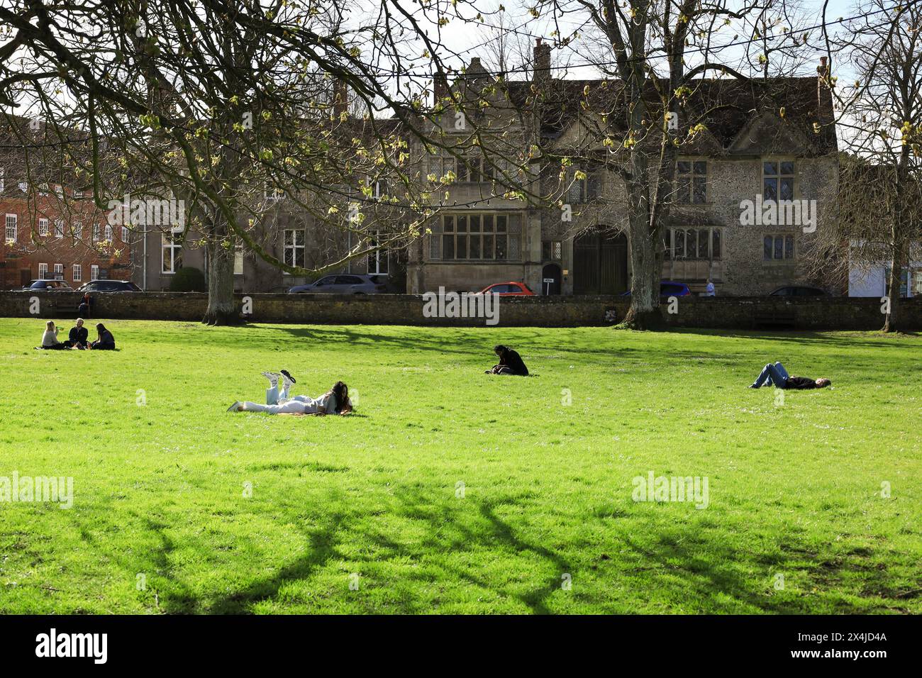 Salisbury, England - 29. März 2024: Schöner Garten neben der Kathedrale von Salisbury an einem sonnigen Tag Stockfoto