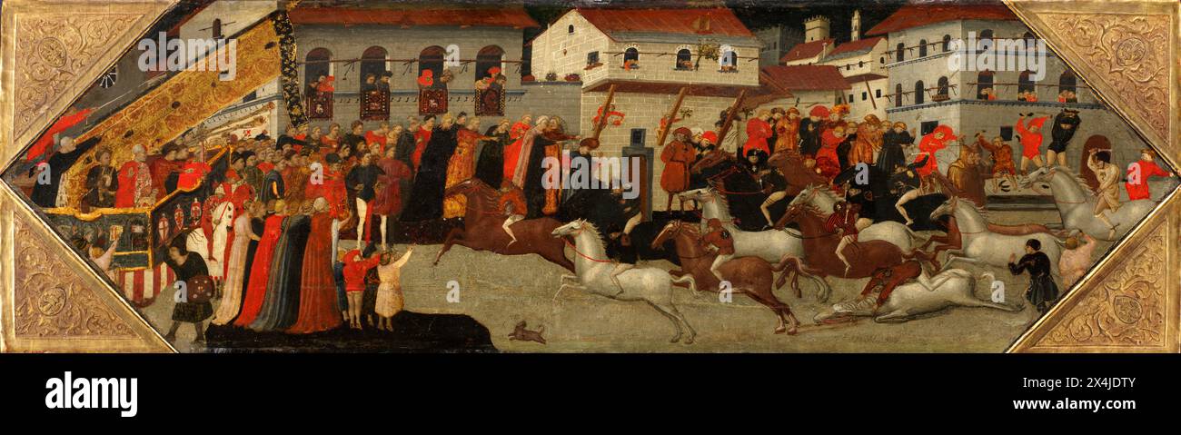 Panel from a Cassone: Das Rennen des Palio in den Straßen von Florenz. Giovanni Francesco Toscani. 1418. Tempera und Gold auf Holz. Stockfoto