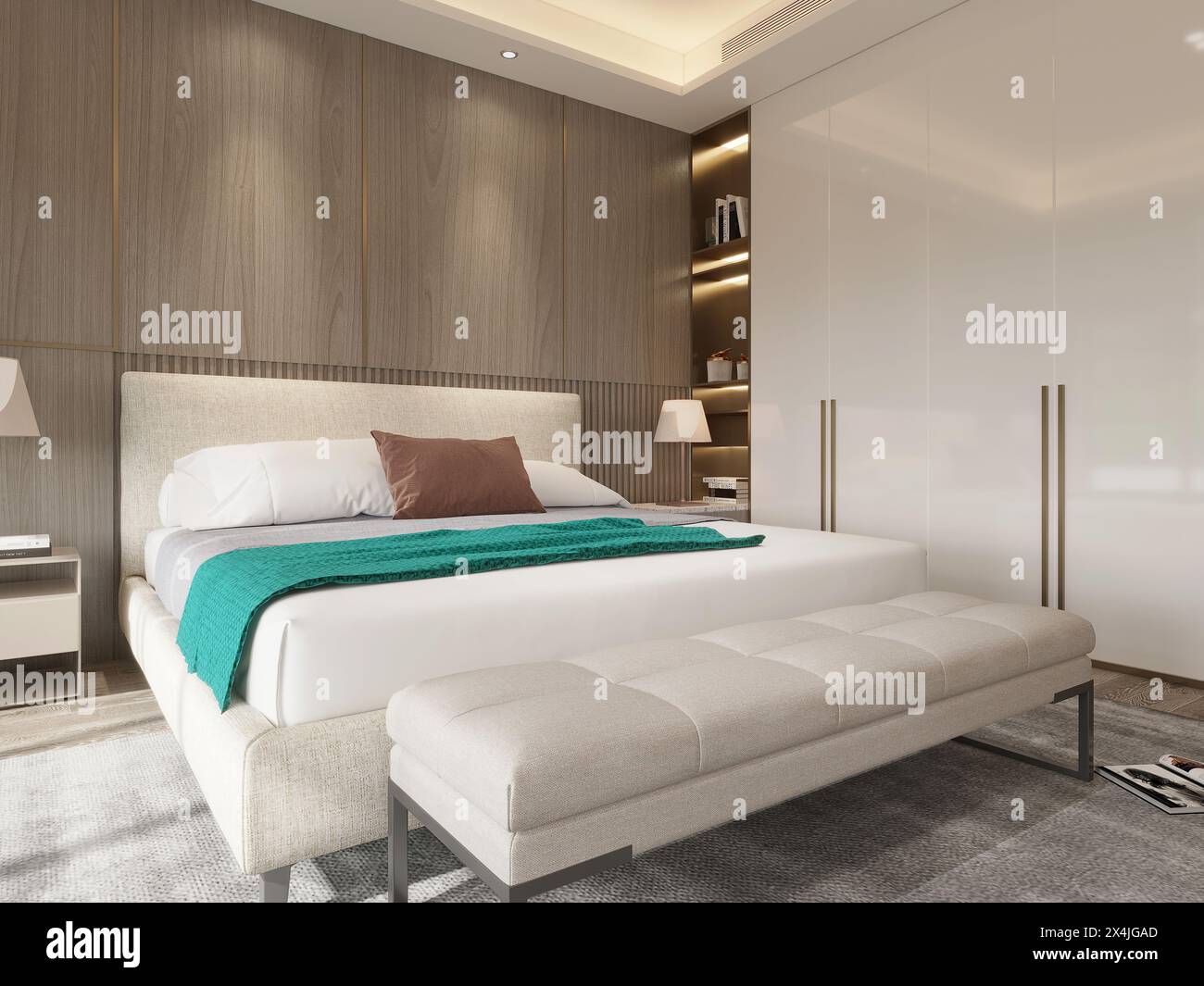 3D-Render von Hotel Zimmer, Schlafzimmer Stockfoto