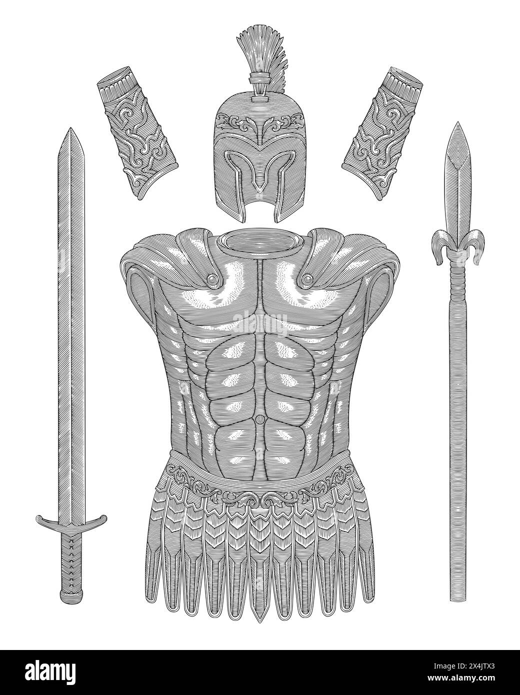 Spartan Krieger Ausrüstung Set, Rüstung, Helm, Schwert, Speer und Handschild. Vintage Gravur Zeichnung Stil Illustration Stock Vektor