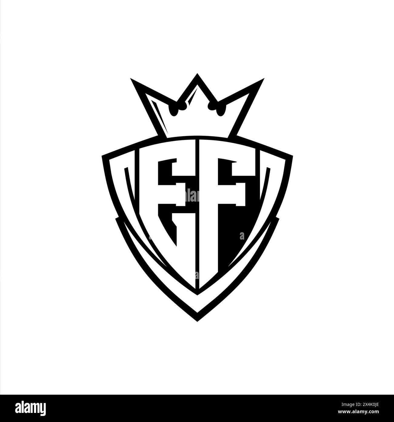 EF Fett Letter Logo mit scharfer dreieckiger Schildform mit Krone innen weißer Umrandung auf weißem Hintergrund Stockfoto