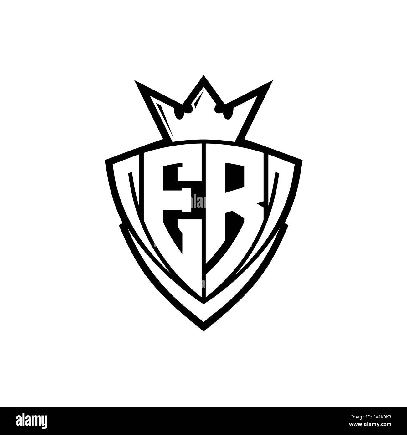 ER Bold Letter Logo mit scharfer dreieckiger Schildform mit Krone innen weißer Umrandung auf weißem Hintergrund Stockfoto