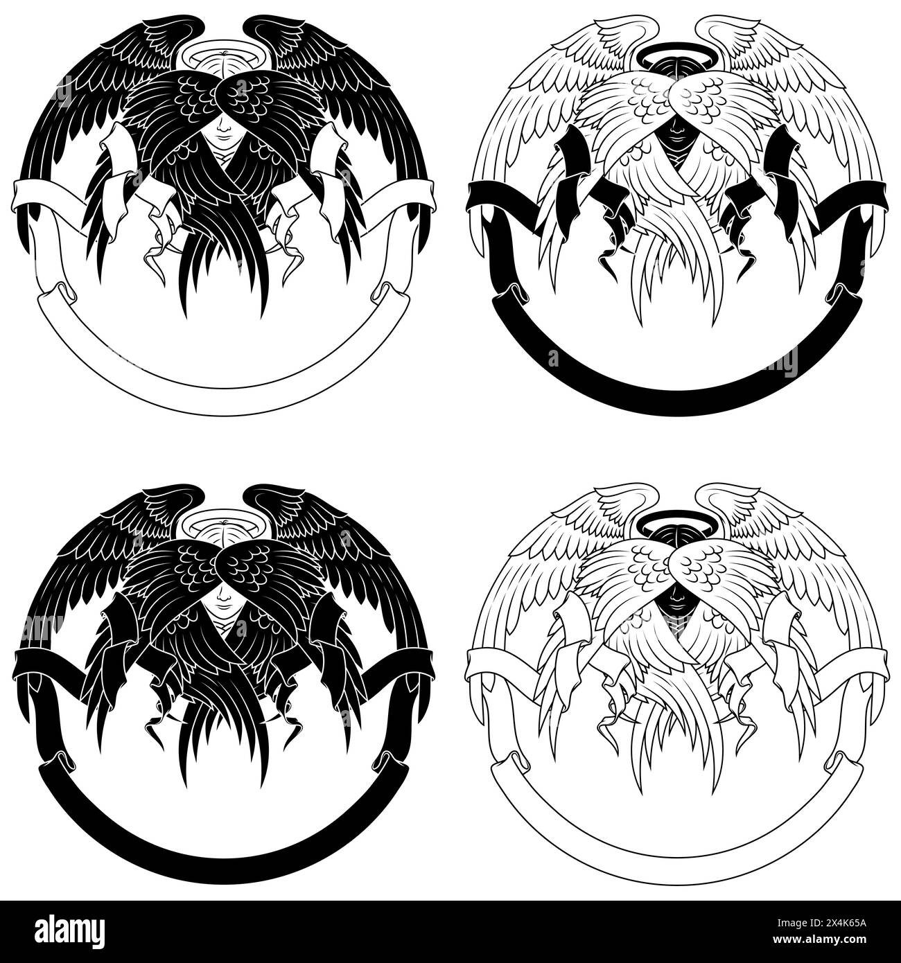 Vektordesign des Angels mit sechs Flügeln und Band, engelhaftes Gesicht der katholischen Religion, geflügelter Erzengel und umgeben von Himmelsrollen Stock Vektor