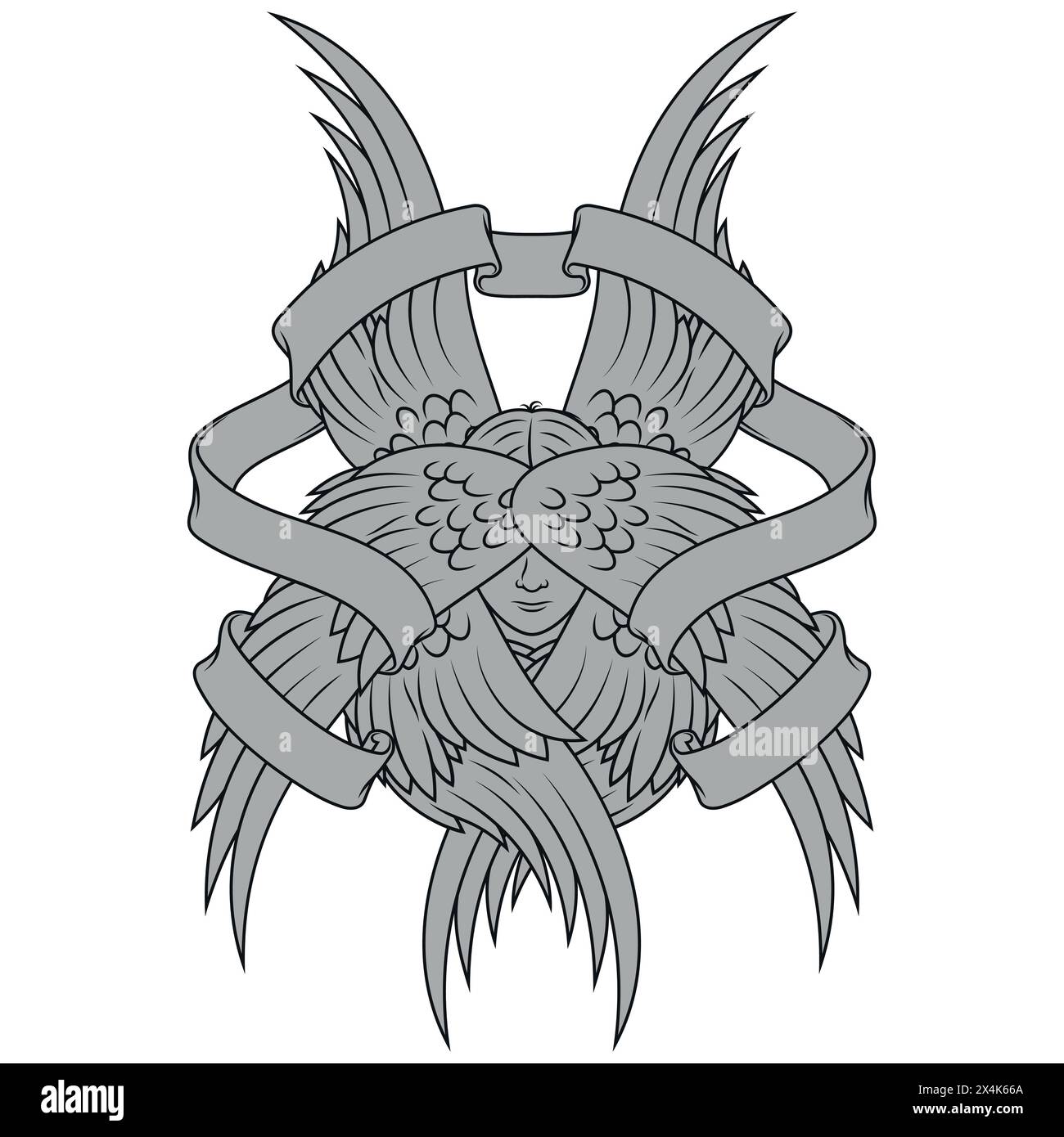 Vektordesign des Angels mit sechs Flügeln und Band, engelhaftes Gesicht der katholischen Religion, geflügelter Erzengel und umgeben von Himmelsrollen Stock Vektor