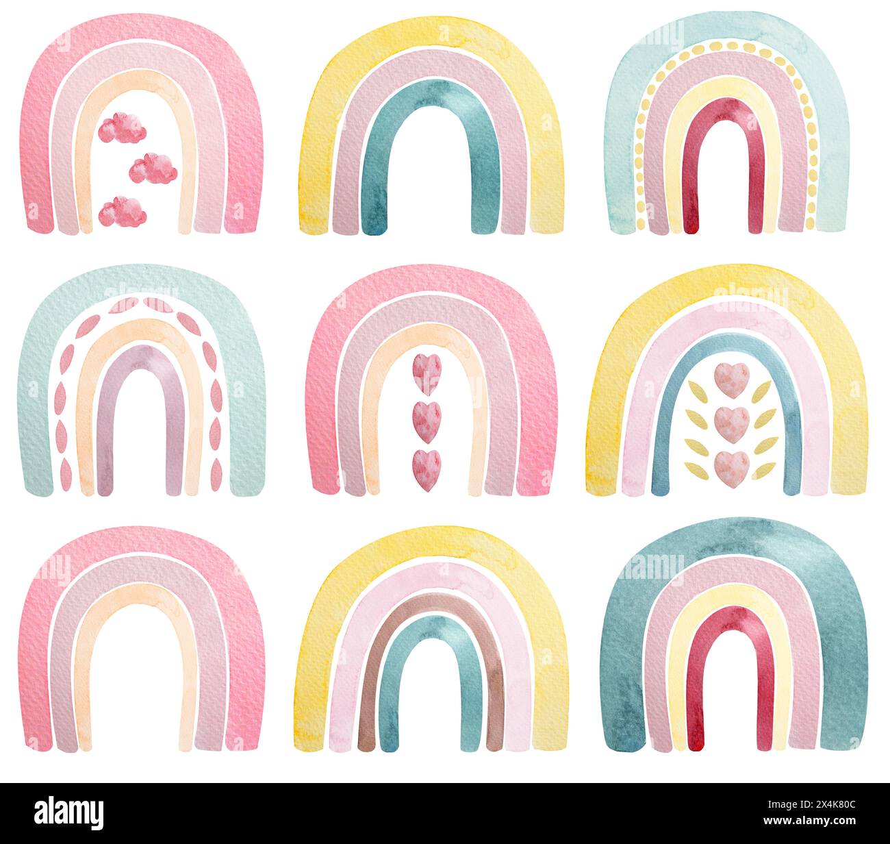 Niedliche Regenbogen-Illustration, Pastellfarben, Mädchen Kinderzimmer, rosa, gelb, Herz, Babyzimmer Stockfoto