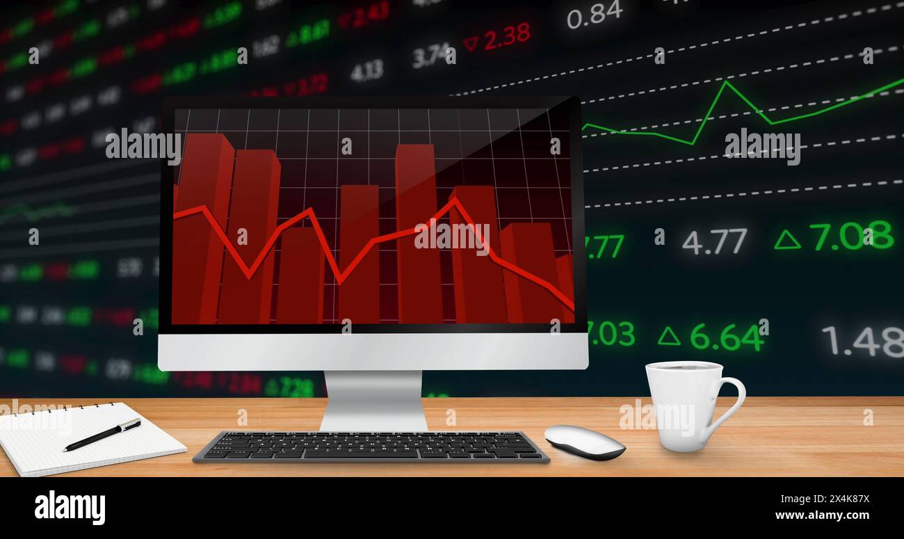 Bild der Statistikaufnahme auf dem Computerbildschirm mit finanzieller Datenverarbeitung Stockfoto
