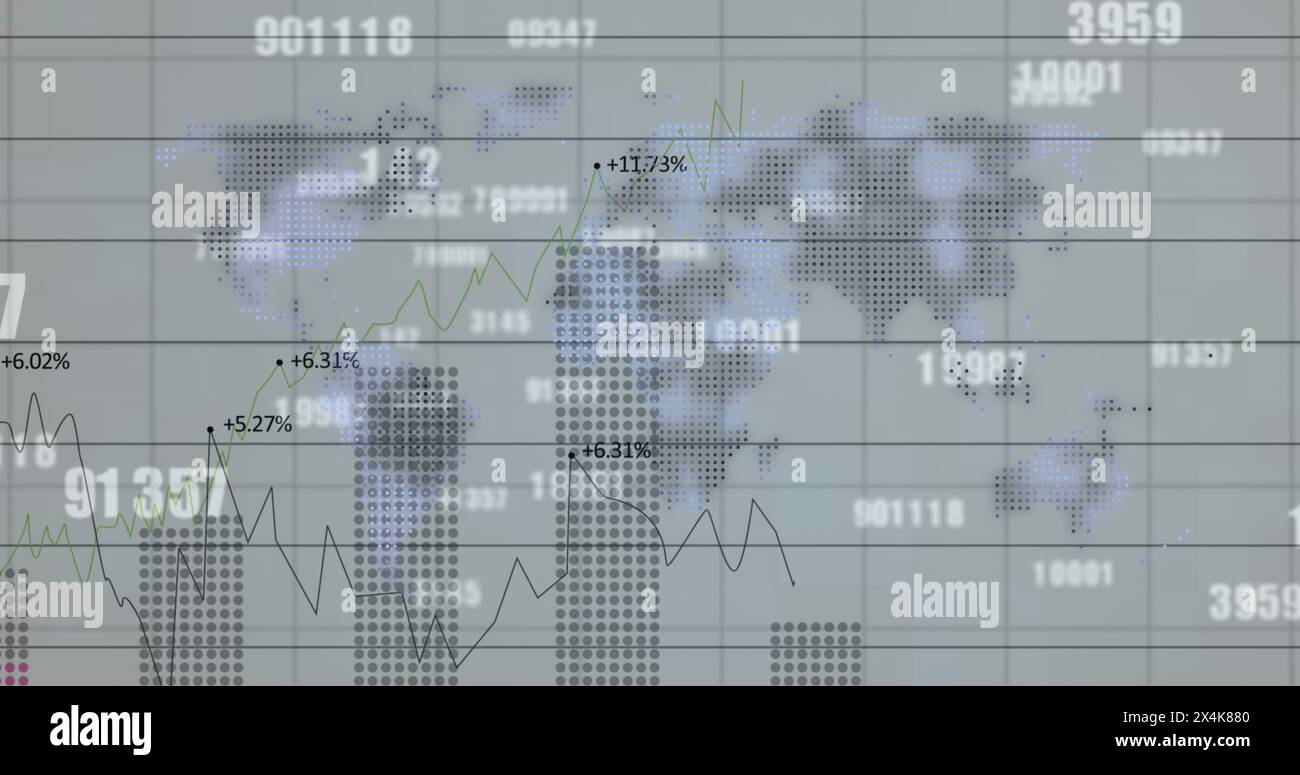 Bild der Verarbeitung von Finanzdaten und der sich über die Weltkarte verändernden Zahlen Stockfoto
