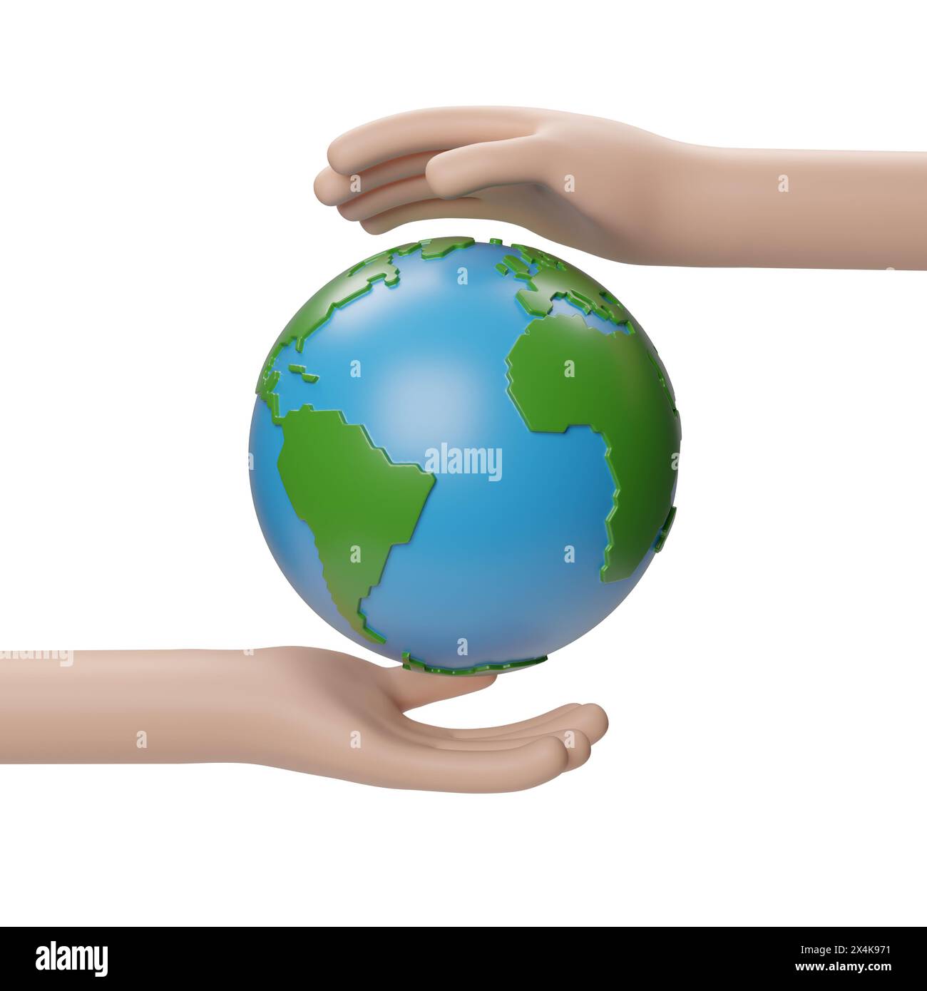 Cartoon-Hände schützen den Planeten Erde. 3D-Abbildung. Stockfoto