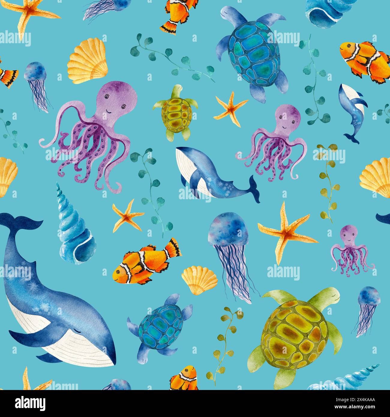 Meereslebewesen, Wildtiere, Tintenfische, Sternfische, Quallen, nahtloses Muster, Illustration, aquatisch, Tapete, Textur, drucken, Zeichentrick Stockfoto