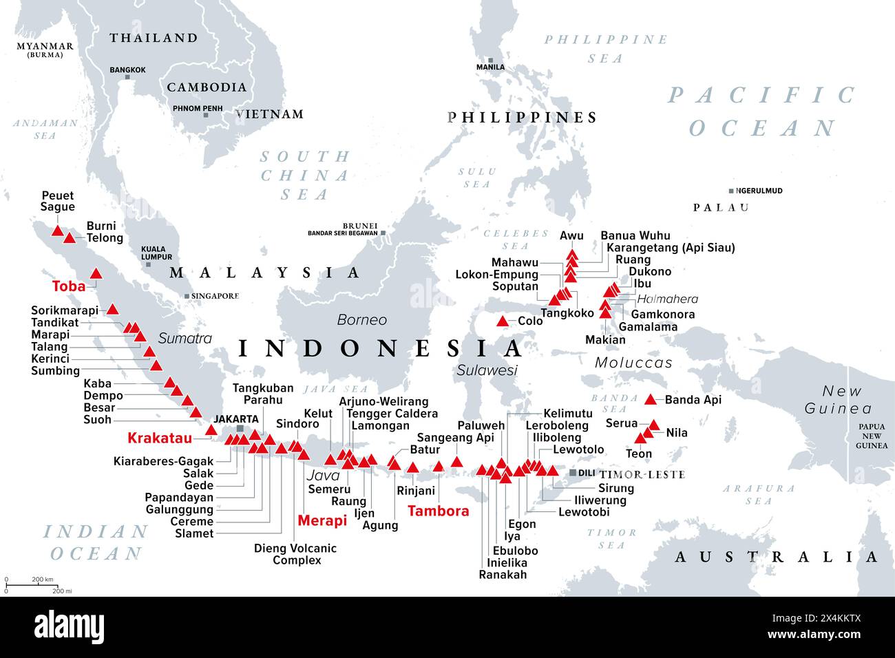 Große Vulkane in Indonesien, politische Karte. Südostasiatisches Land dominiert von Vulkanen, gebildet durch Subduktionszonen und Teil des Ring of Fire. Stockfoto