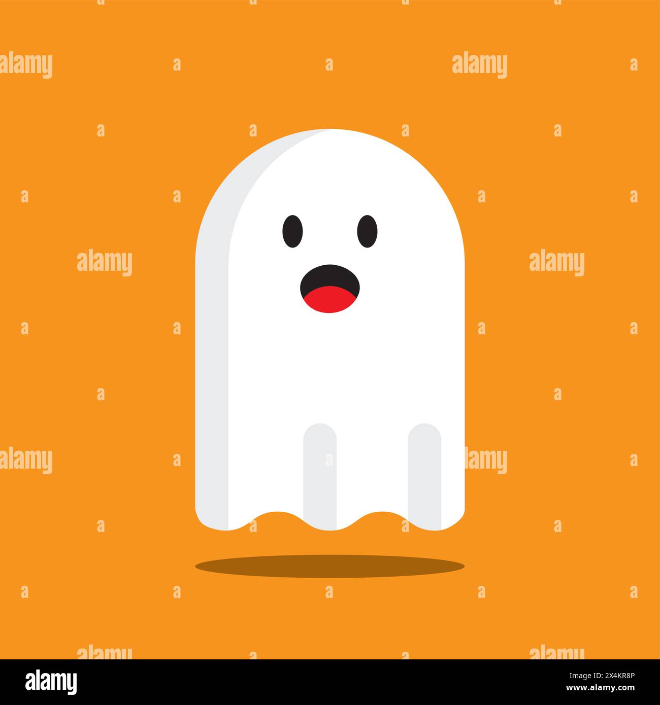 Halloween lächelnde niedliche Geisterfigur auf orangefarbenem Hintergrund Stock Vektor