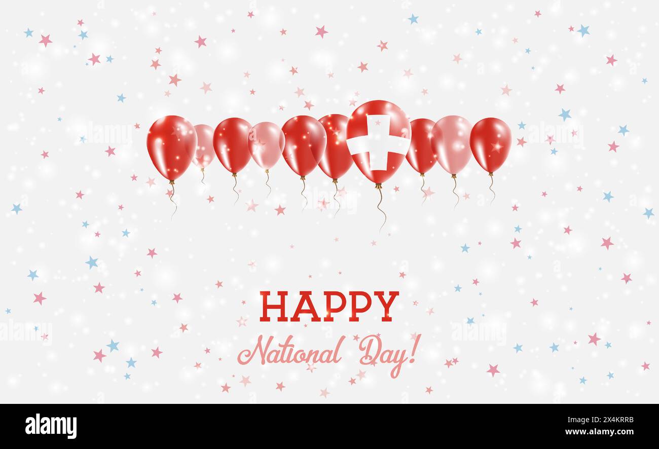 Schweiz Unabhängigkeitstag Funkelndes Patriotisches Poster. Ballonreihe in den Farben der Schweizer Flagge. Grußkarte mit Nationalflaggen, Konfetti und Stock Vektor