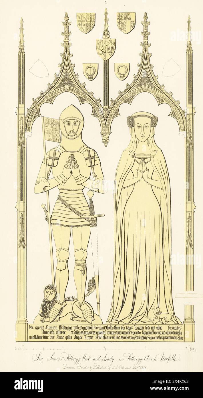 Sir Simon Felbrigge und Lady Margaret Felbrigge, 1413. Ritter in Plattenrüstung mit Schulterpaletten mit einem Kreuz des Heiligen Georg, Strumpfband am linken Bein, Fahne oder Wappen von König Richard II. Ehefrau Margarete, Tochter von Primislaus (Przemysław i Noszak) Herzog von Teschen, starb 1413. Memorial Messing in St. Margaret's Church, Felbrigg, Norfolk. Handgetönter Kupferstich gezeichnet, geätzt und veröffentlicht von John Sell Cotman in Gravuren der bemerkenswertesten Grabesen in Suffolk, Henry Bohn, London, 1818. Stockfoto