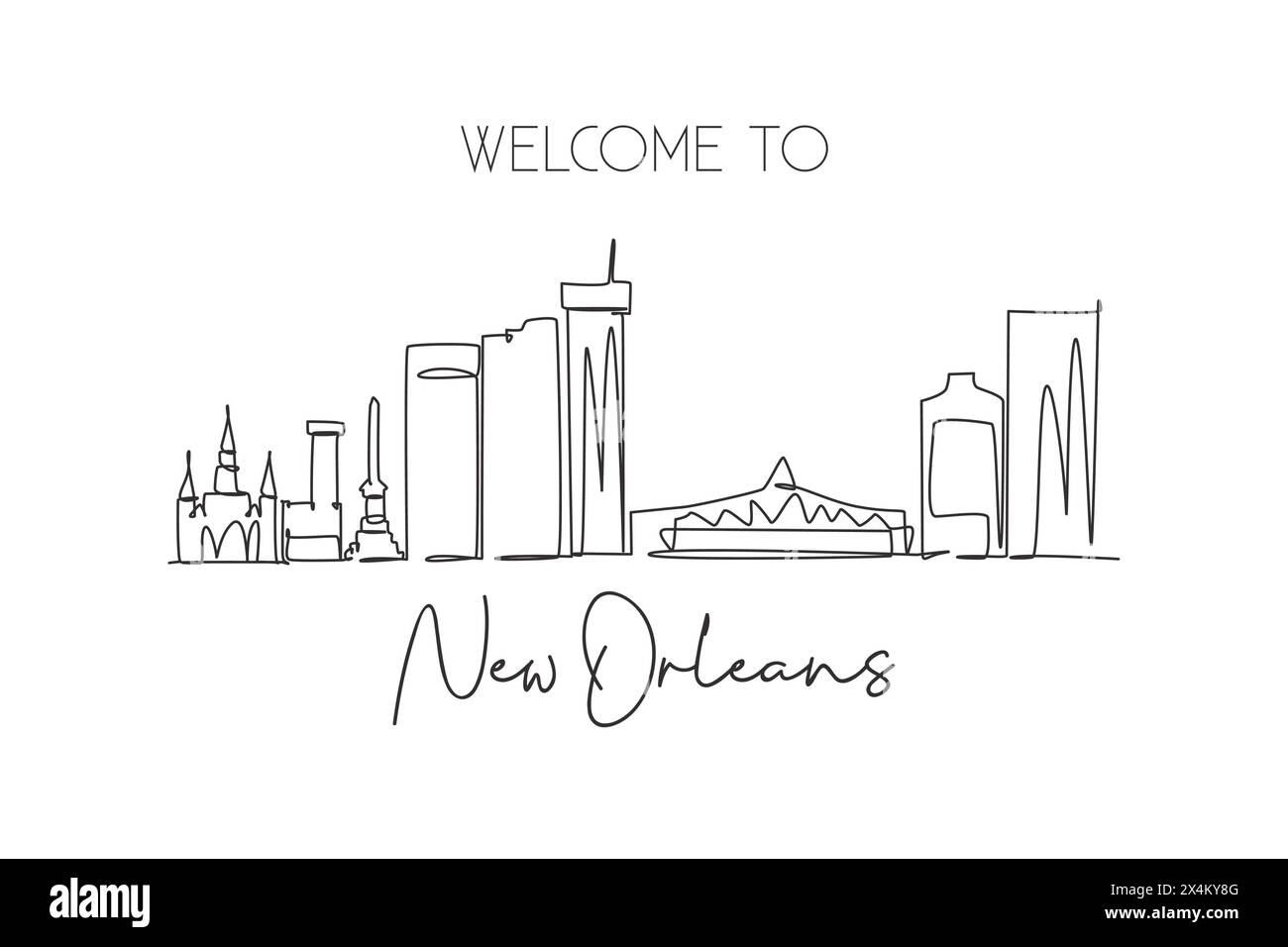 Einzelne durchgehende Linie mit der Skyline von New Orleans, Louisiana, USA. Berühmte Stadtlandschaft. World Travel Concept Wohnwand Dekor Posterdruck Kunst. Stock Vektor