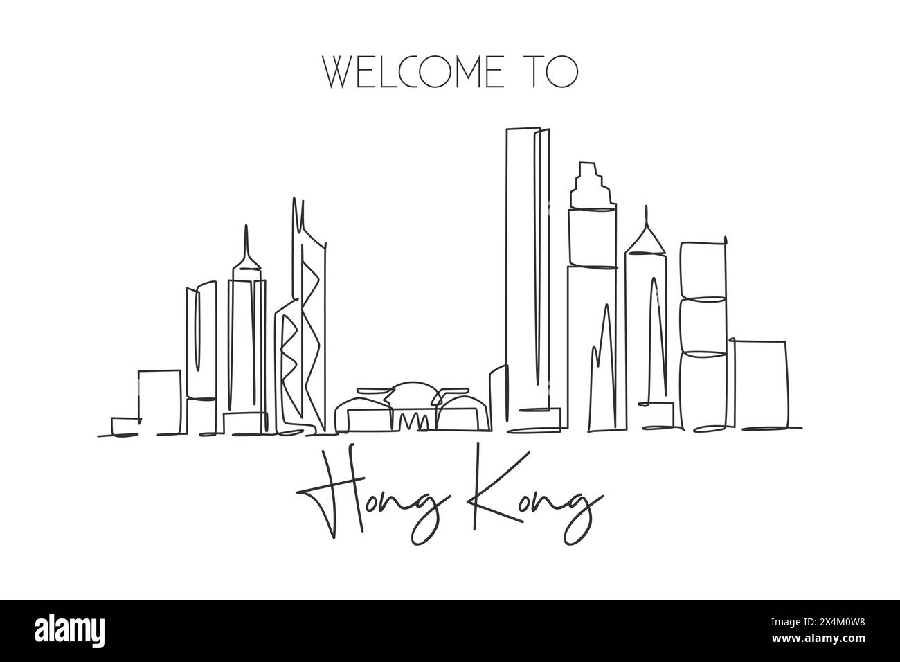 Eine einzeilige Zeichnung der Skyline der Stadt Hongkong, China. Historische Stadtlandschaft mit Wanddekor und Postermotiv. Bestes Urlaubsziel. Trendig Stock Vektor