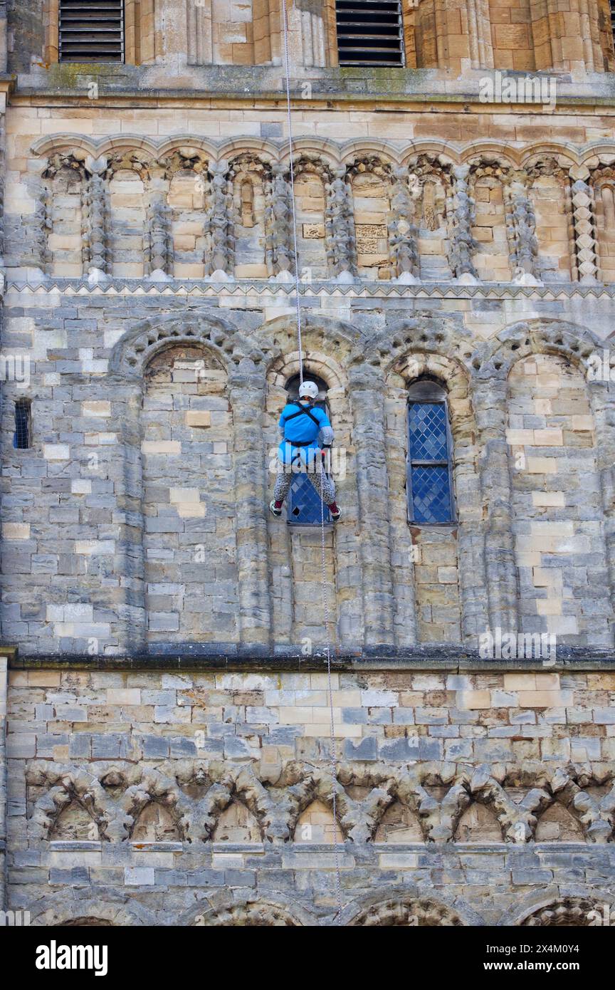 Exeter, Devon, Großbritannien. Mai 2024. Exeter, Devon, Großbritannien. Mutige Abenteuerlustige können sich am Nordturm der Kathedrale von Exeter abseilen. Der Exeter Cathedral Abseil Fundraising Fun Day findet statt, um die Exeter Cathedral 2020 zu unterstützen. Hinweis: Nidpor/Alamy Live News Stockfoto