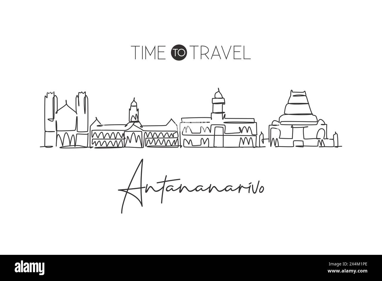 Eine einzelne Linie zeichnet die Skyline von Antananarivo, Madagaskar. Postkarte der historischen Landschaft. Poster mit Wanddekor für das beste Urlaubsziel. Trendig Stock Vektor