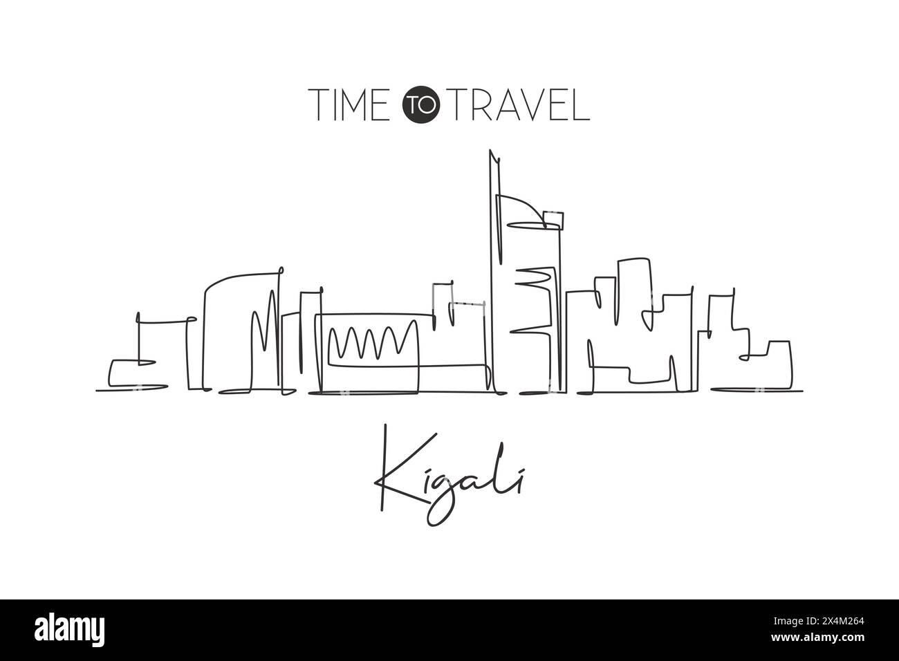 Einzelne durchgehende Linienzeichnung der Skyline der Stadt Kigali, Ruanda. Berühmte Stadt Schaber und Landschaft Haus Wanddekor Poster Print Kunst. World Travel Containment Stock Vektor