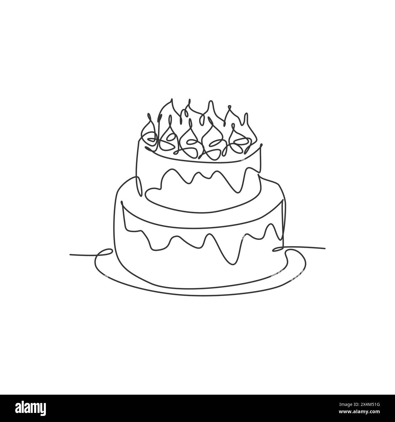 Eine einzelne Linie Zeichnung von frischem leckerem hausgemachten Geburtstagskuchen mit Kerzen über Vektorgrafik Illustration. Konditorei-Abzeichen-Konzept. Stock Vektor