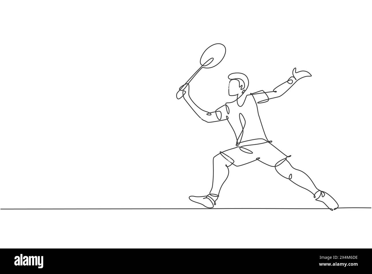 Eine einzelne Linie zeichnet junge energiegeladene Badmintonspieler nehmen einen Hit von der gegnerischen grafischen Vektor-Illustration. Gesundes Sportkonzept. Moderner Continuou Stock Vektor