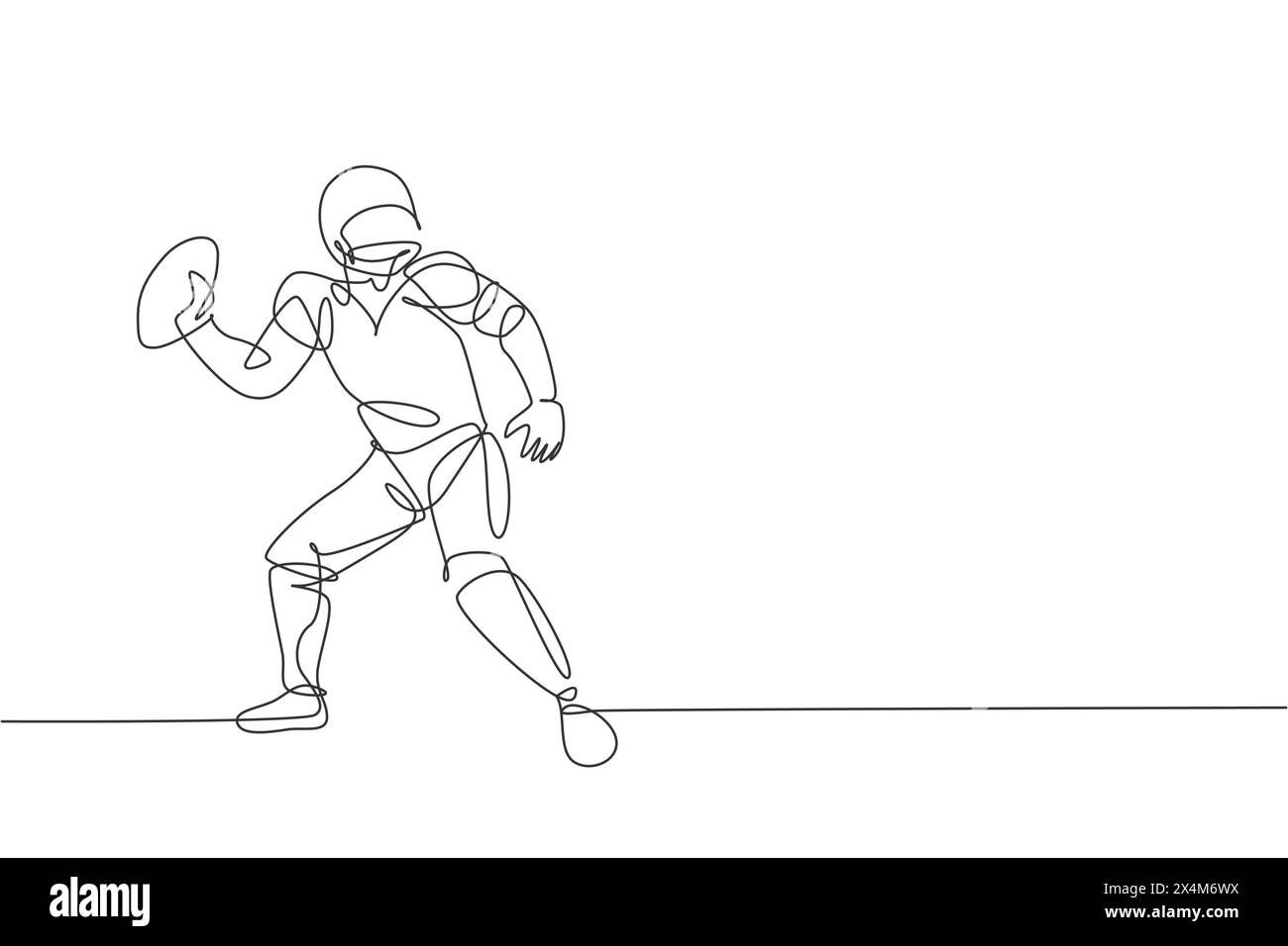 Eine einzige Linienzeichnung der energischen Haltung des amerikanischen Fußballspielers, um den Ball für die nationale Liga zu werfen. Sportwettbewerb-Konzept. Moder Stock Vektor