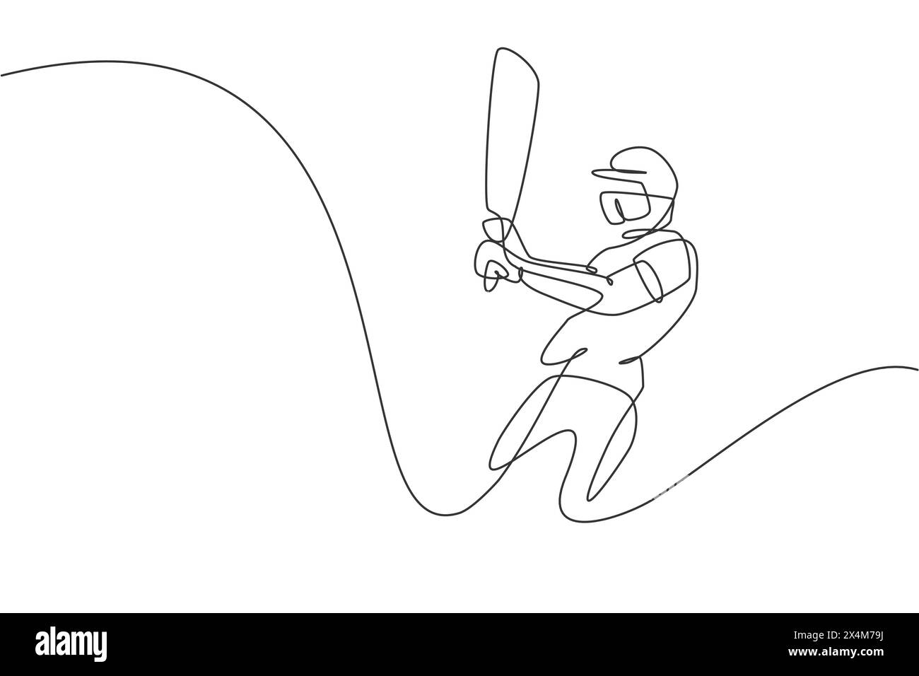 Einzelne durchgehende Linienzeichnung des jungen agilen Mannes-Cricketspielers, der Cricketschläger an der Übungsfläche-Vektor-Illustration schwingt. Sportübungskonzept. Tre Stock Vektor