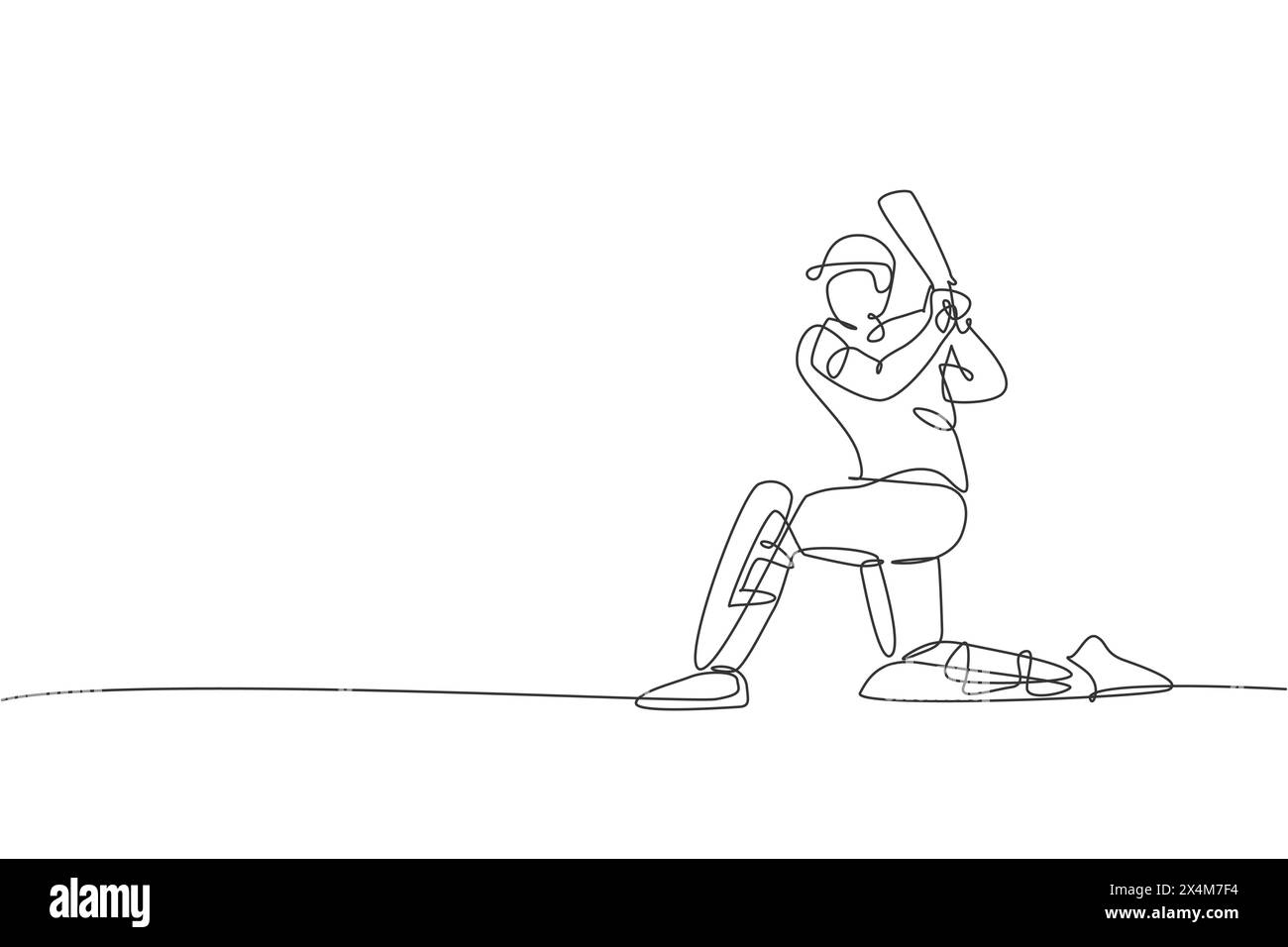 Eine einzelne Linie Zeichnung des jungen energischen Mannes Cricketspieler Stand mit Knie auf dem Boden Vektor Illustration. Sportmesse-Konzept. Modern durchgehend Stock Vektor