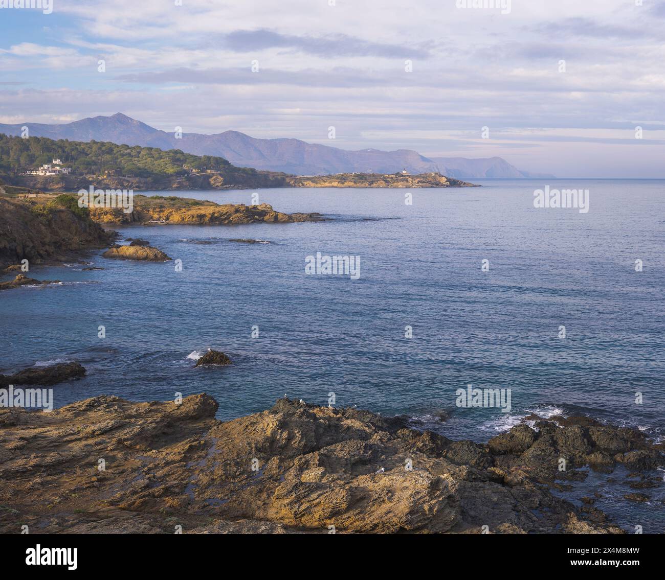 Wunderschöne Meereslandschaft an der Costa Brava in der Abenddämmerung, Llanca, Katalonien Stockfoto