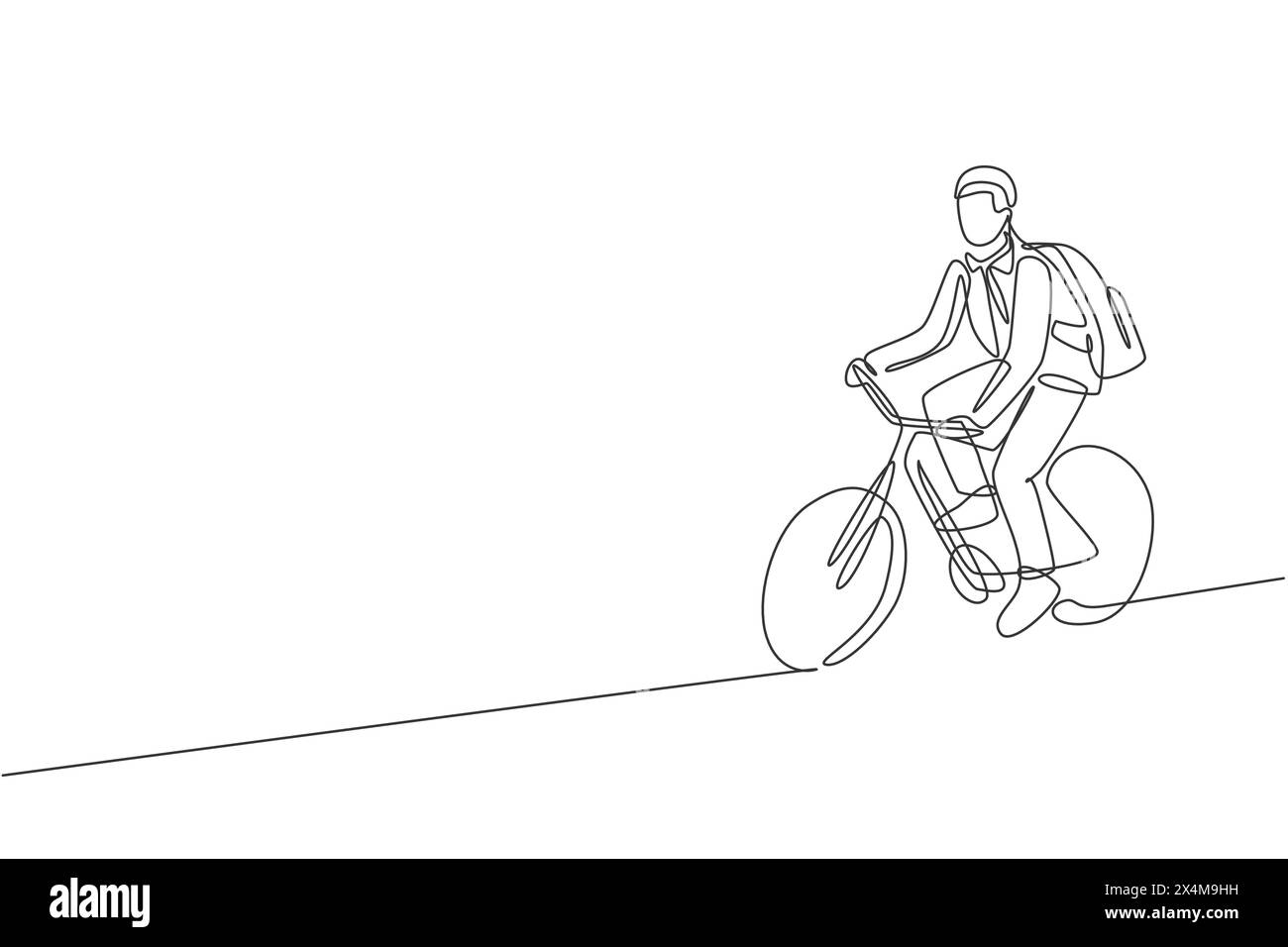 Eine durchgehende Linienzeichnung eines jungen professionellen Managers, der mit dem Fahrrad zu seinem Büro fährt. Gesundes urbanes Lebensgefühl. Dynamische Sünde Stock Vektor