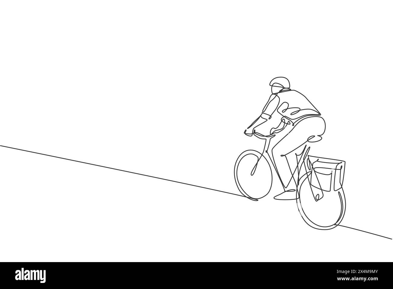 Eine durchgehende Linienzeichnung eines jungen professionellen Managers, der mit dem Fahrrad zu seinem Büro fährt. Gesundes urbanes Lebensgefühl. Dynamische Sünde Stock Vektor