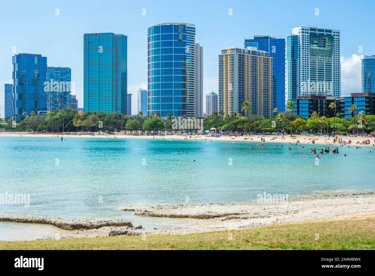 Landschaft des Waikiki Strandes auf Oahu Island in Hawaii, USA Stockfoto