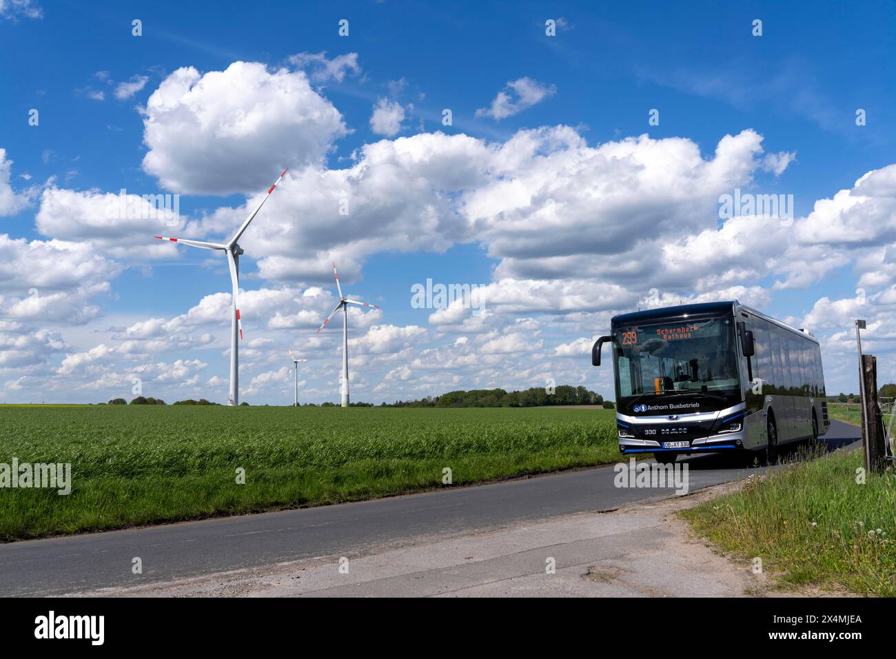 Nahverkehr auf dem Land, Linie 299, 4 Haltestellen werktags, Bushaltestelle Nierleistraße, Dorsten, NRW, Deutschland Stockfoto