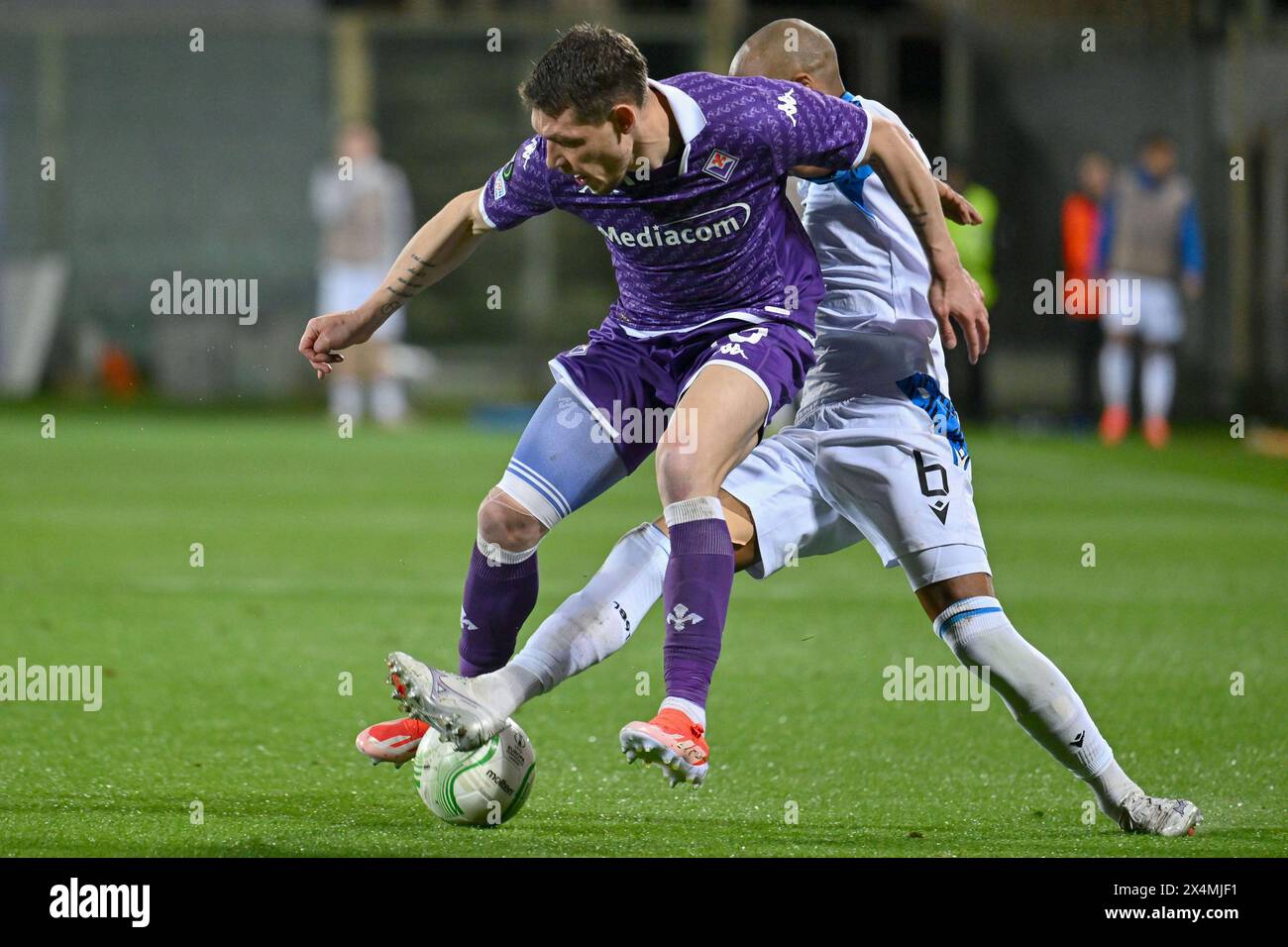 Andrea Belotti, Stürmer von ACF Fiorentina gegen Club Brugge, gegen Denis Odoi, während ACF Fiorentina gegen Club Brugge, UEFA Conference League-Spiel in Florenz, Italien, 2. Mai 2024 Stockfoto