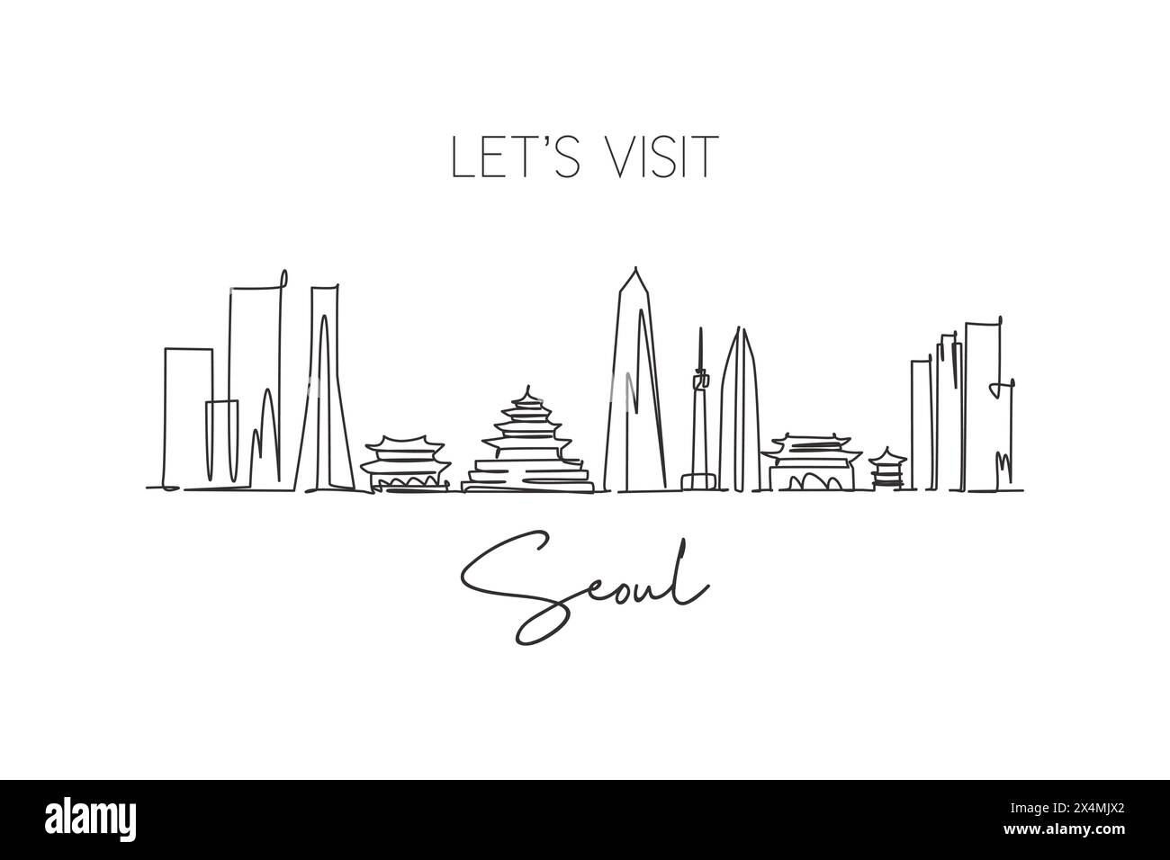 Einzelne durchgehende Linie mit der Skyline von Seoul, Südkorea. Berühmte Stadt Scraper Landschaft Wanddekor Posterdruck Kunst. World Travel Destination Konzept Stock Vektor