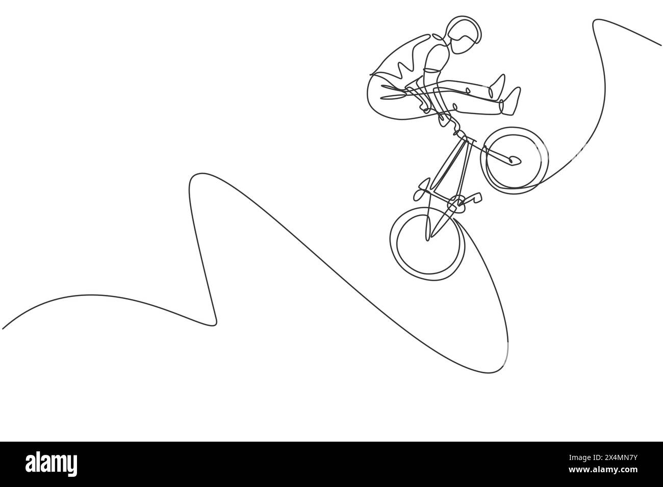 Eine durchgehende Linienzeichnung des jungen BMX-Fahrradfahrers springt im Skatepark in den Lufttrick. Extreme Sport Konzept Vektor Illustration. Einfach Stock Vektor