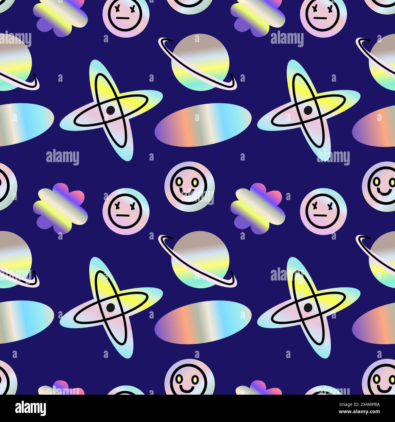 Muster aus den 2000er Jahren mit Hologrammaufklebern, Lächeln, Zitaten und glänzenden Formen. y2k-Elemente nahtloses Muster oder Hintergrund. Futuristisches Retro-Design. Stock Vektor