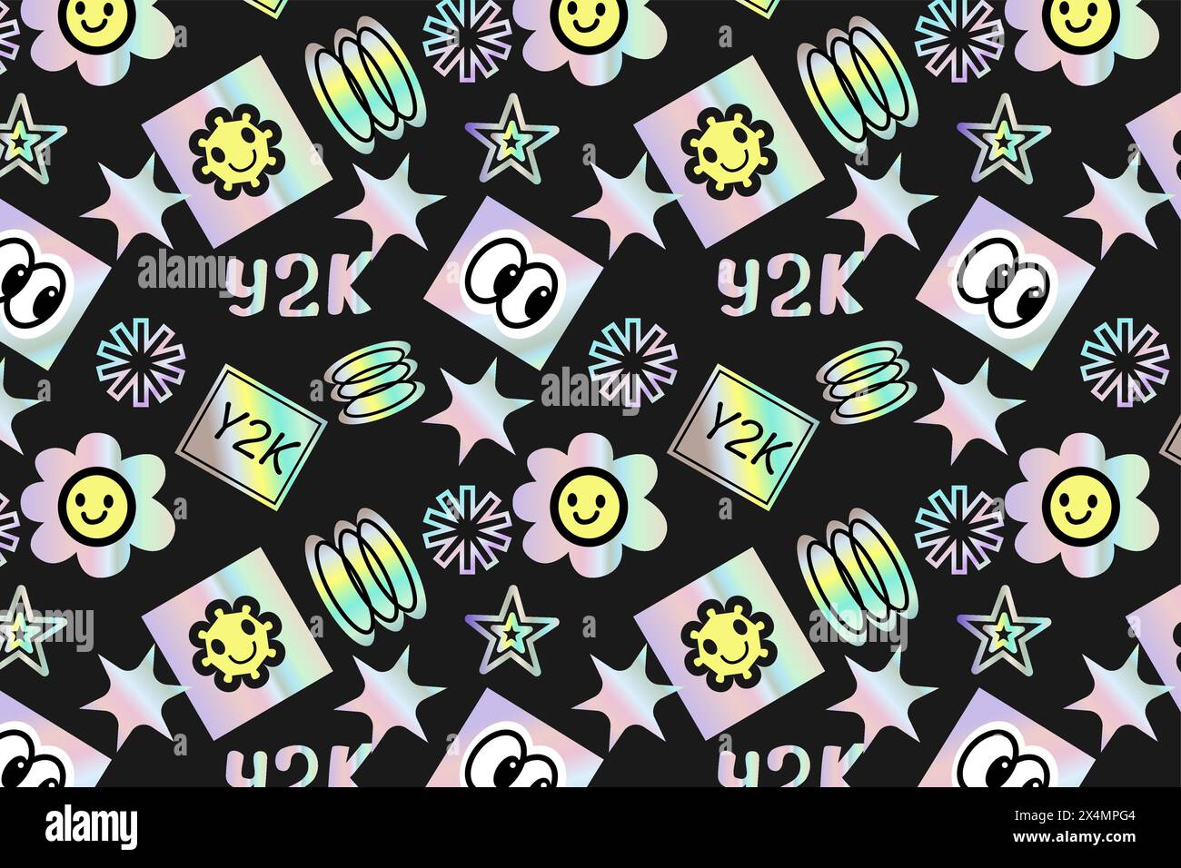 Muster aus den 2000er Jahren mit Hologrammaufklebern, Lächeln, Zitaten und glänzenden Formen. y2k-Elemente nahtloses Muster oder Hintergrund. Futuristisches Retro-Design. Stock Vektor