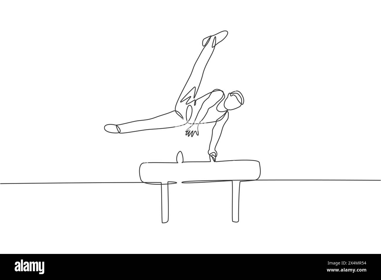 Eine durchgehende Linienzeichnung eines jungen Mannes, der beim Gymnastik Pommel ausübt. Turnersportler im Trikot. Gesunder Sport und aktives Konzept. Dynamische s Stock Vektor