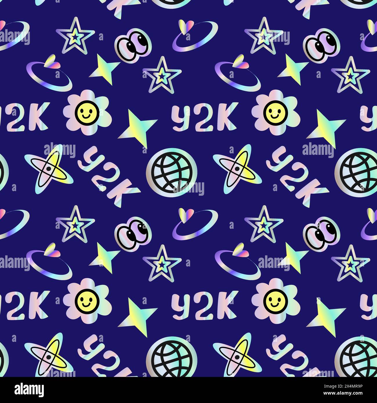 Muster aus den 2000er Jahren mit Hologrammaufklebern, Lächeln, Zitaten und glänzenden Formen. y2k-Elemente nahtloses Muster oder Hintergrund. Futuristisches Retro-Design. Stock Vektor