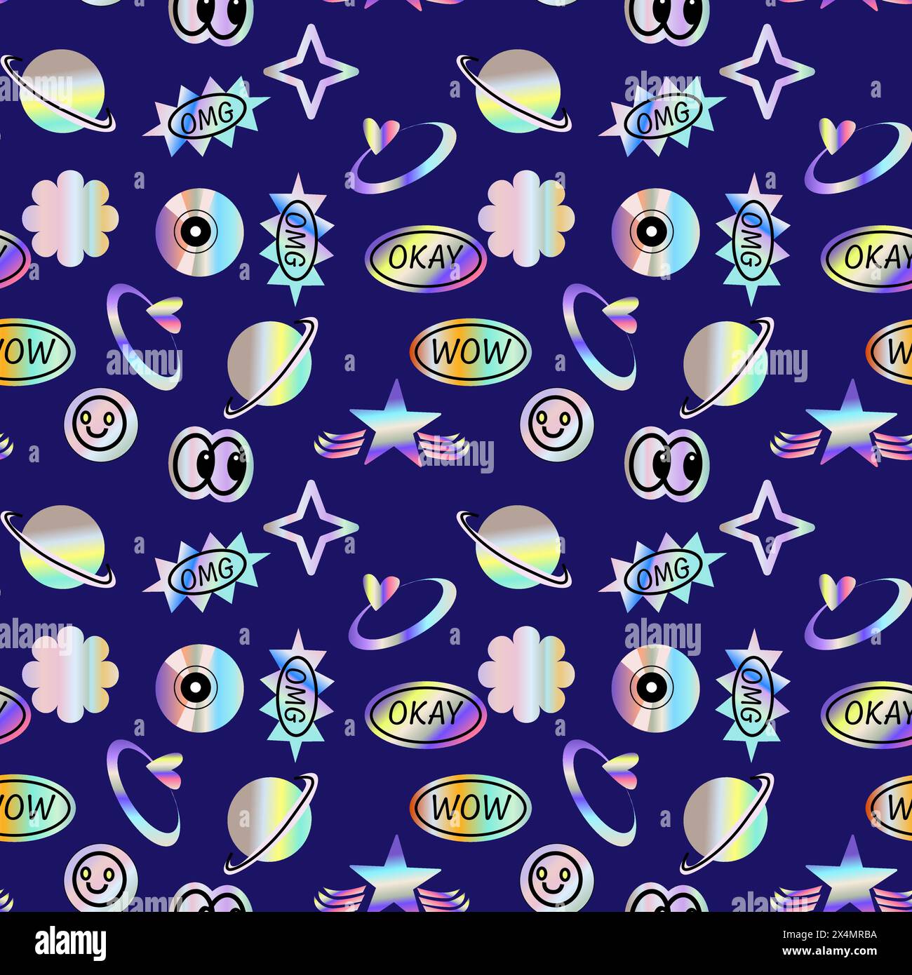Muster aus den 2000er Jahren mit Hologrammaufklebern, Lächeln, Zitaten und glänzenden Formen. y2k-Elemente nahtloses Muster oder Hintergrund. Futuristisches Retro-Design. Stock Vektor