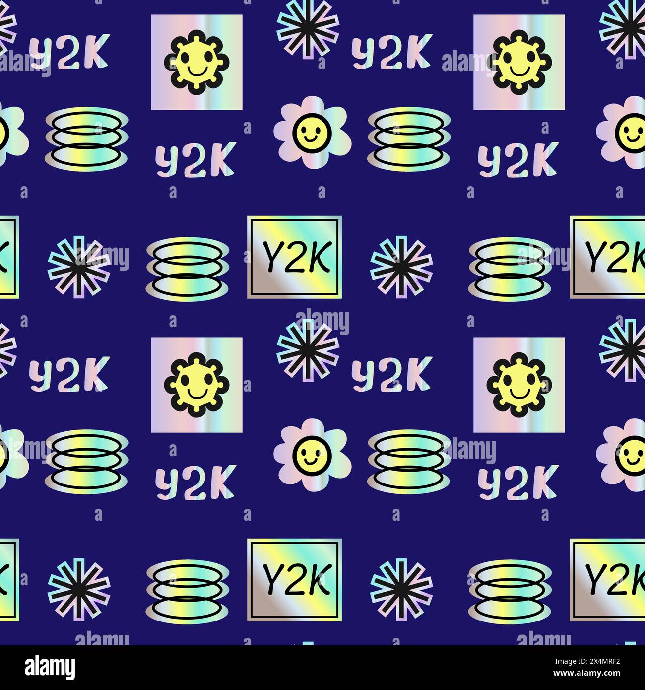 Muster aus den 2000er Jahren mit Hologrammaufklebern, Lächeln, Zitaten und glänzenden Formen. y2k-Elemente nahtloses Muster oder Hintergrund. Futuristisches Retro-Design. Stock Vektor