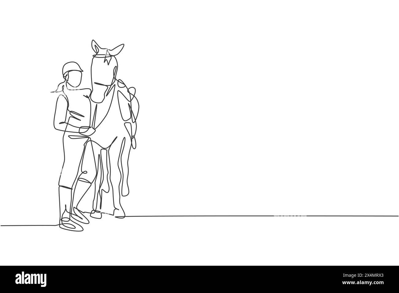 Einzelne durchgehende Linie, die junge professionelle Reiterin zeichnet, die ihr Rosshaar umarmt und reibt. Verfahrenskonzept für das Reitsport-Training. Trendig Stock Vektor