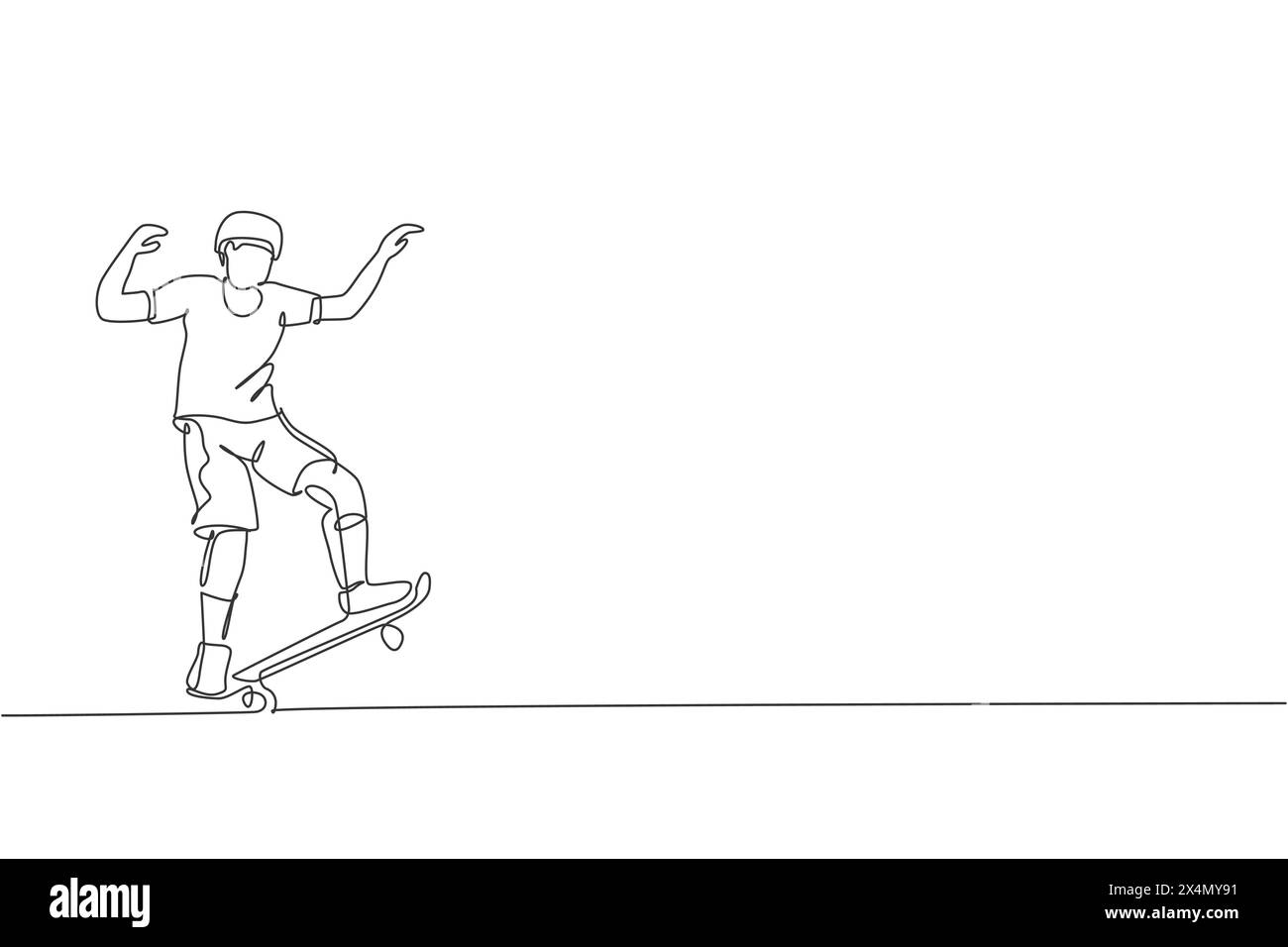 Eine einzelne Linie Zeichnung des jungen Skateboarder Mann Übung Skateboard in der Stadt Straße Vektor Illustration. Teenager Lifestyle und extremer Outdoor-Look Stock Vektor