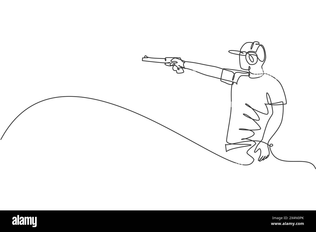 Eine einzelne Linienzeichnung des jungen Mannes, der übt, um das Ziel in Reichweite auf dem Schießübungsplatz zu schießen Vektor-Illustrationsgrafik. Tontaubenschießen Stock Vektor