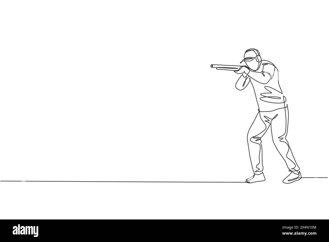 Eine durchgehende Linienzeichnung eines jungen Mannes auf dem Schießübungsplatz für Wettkämpfe mit Gewehrgewehr. Sportkonzept für Outdoor-Shooting. Dyna Stock Vektor