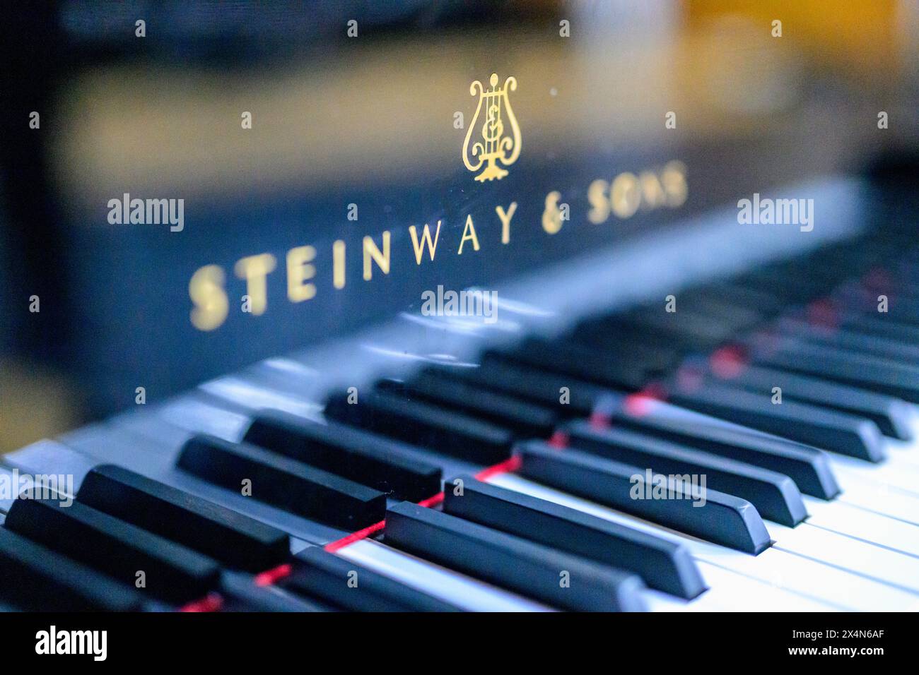 Schwarz-weiße Tasten eines Steinway & Sons Klaviers in scharfer Schärfe. Stockfoto