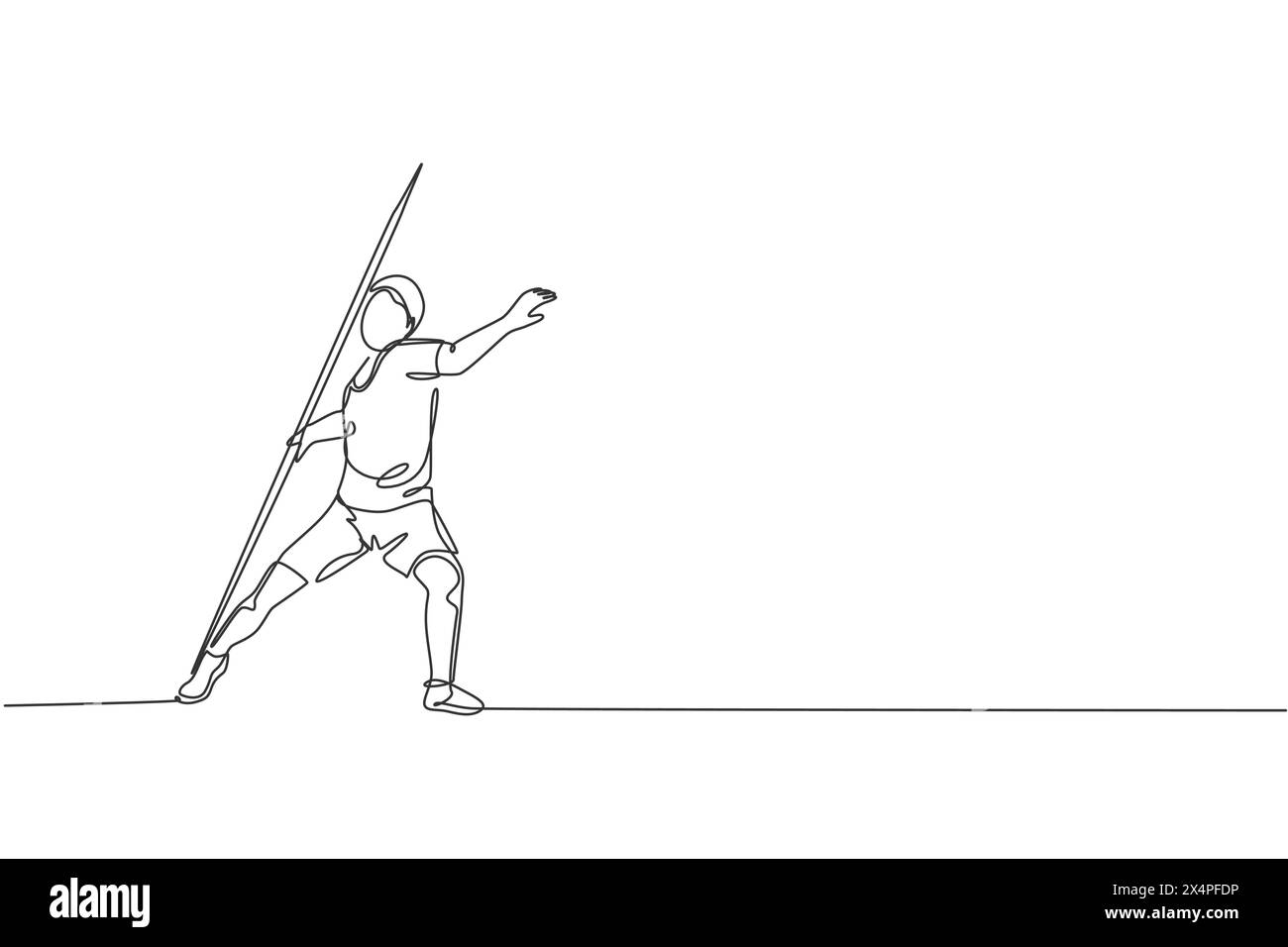 Eine einzelne Linienzeichnung der jungen energetischen Mann Übung Werfen Speer mit der ganzen Kraft Vektor-Illustration Grafik. Gesunder Lebensstil athletischer spor Stock Vektor